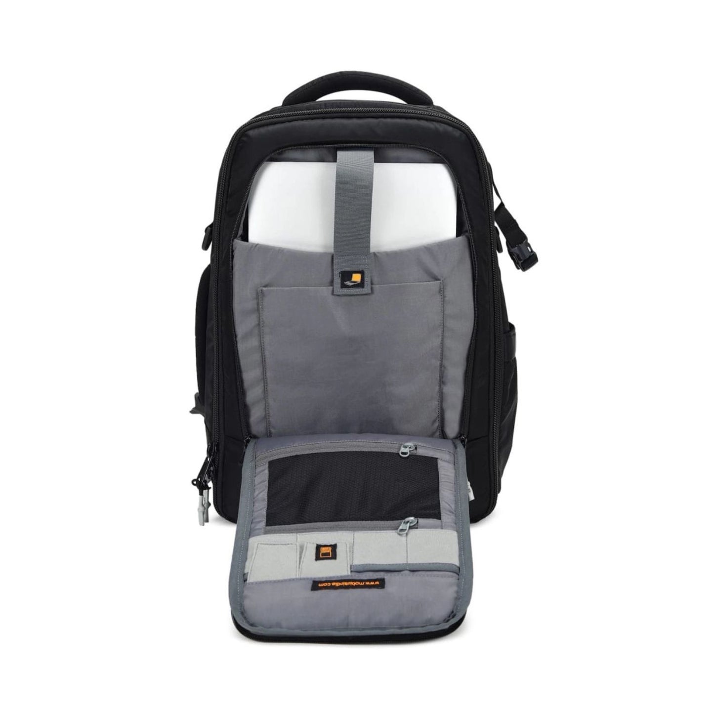 Camera backpack with removable divider, gray and black interior panels