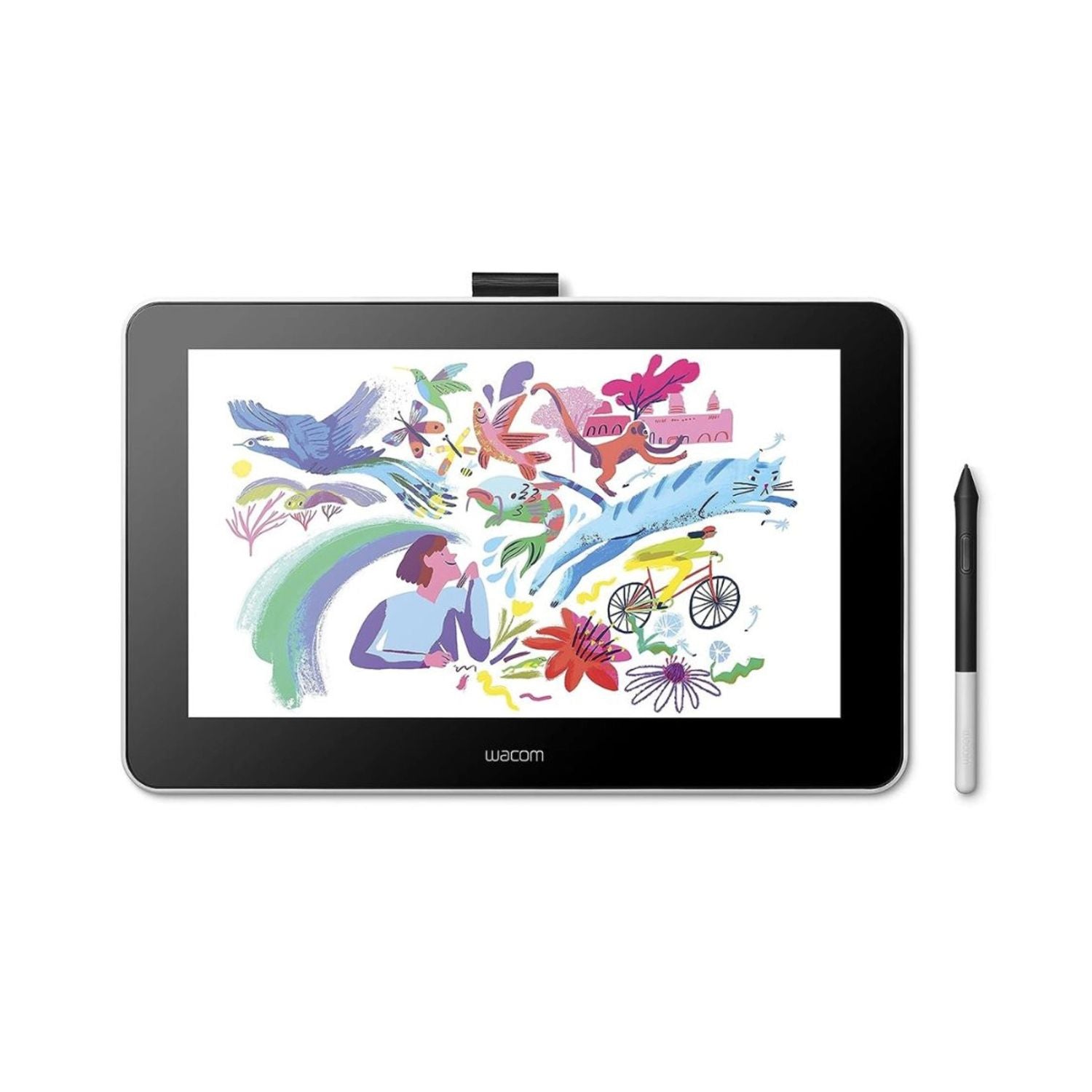 Wacom Grafiktablett mit Stift, Vorderansicht und digitaler Zeichenflรคche