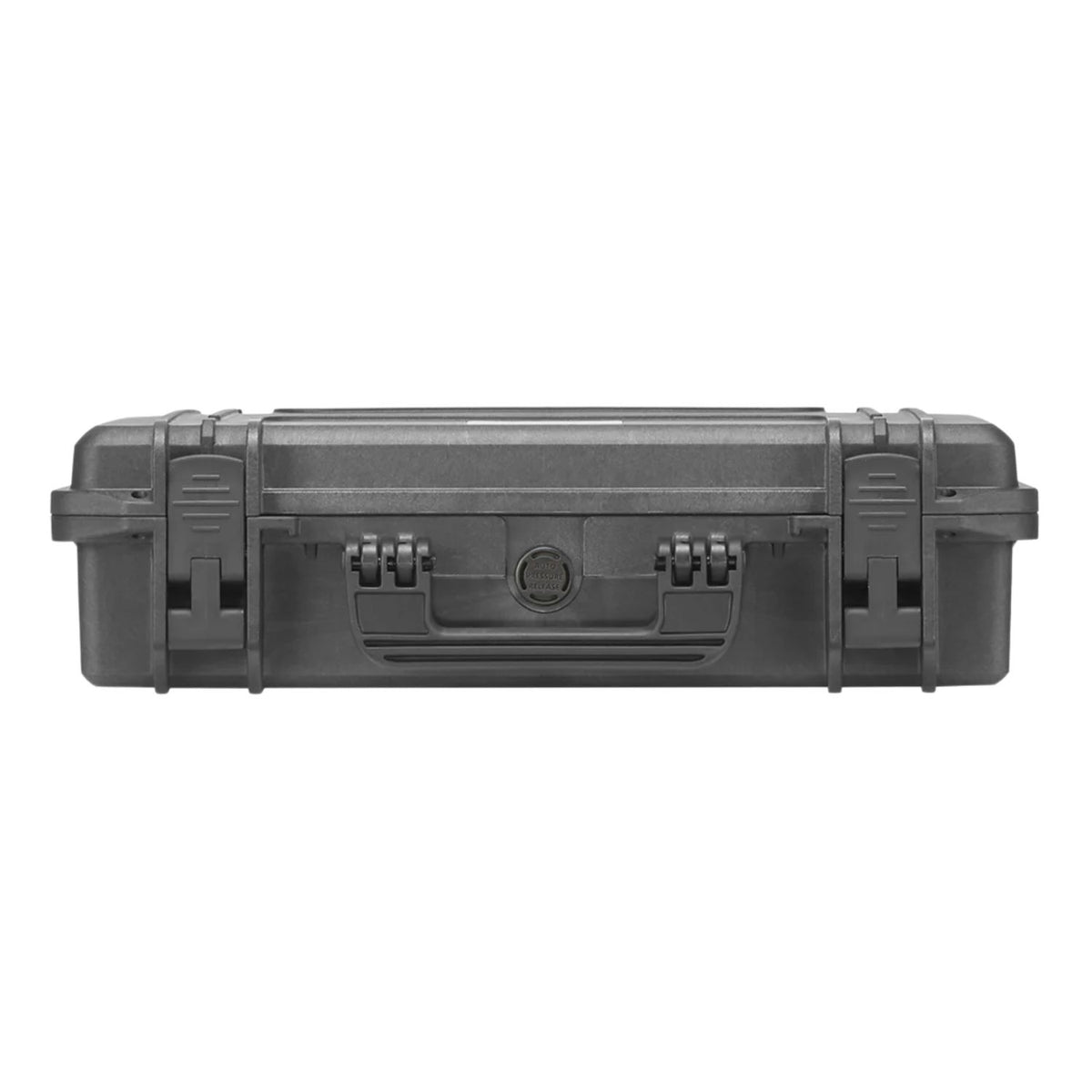 Black hard shell laptop case front view with center latch and carry handle