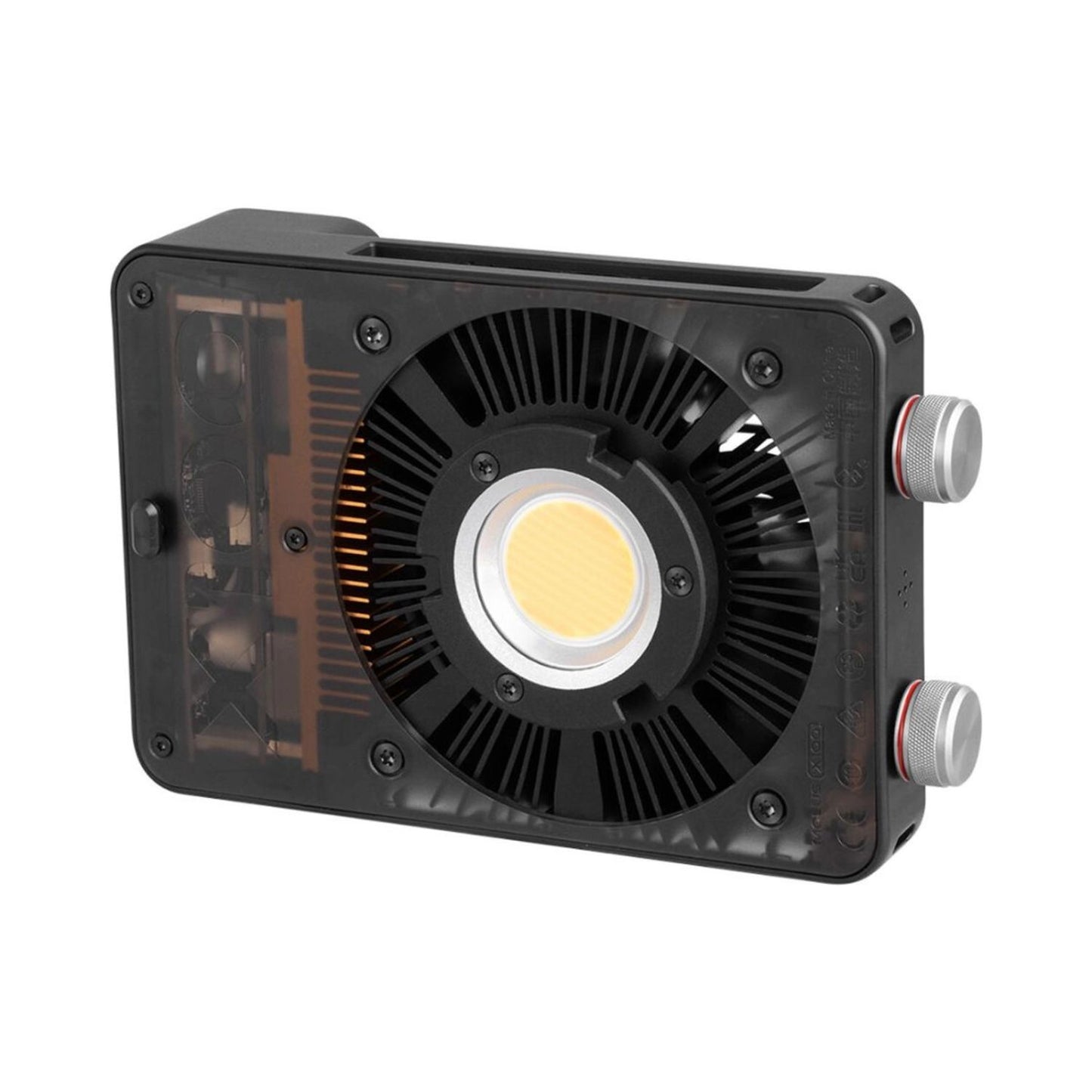 Pocket COB monolight angled view with front LED and two metal connector knobs