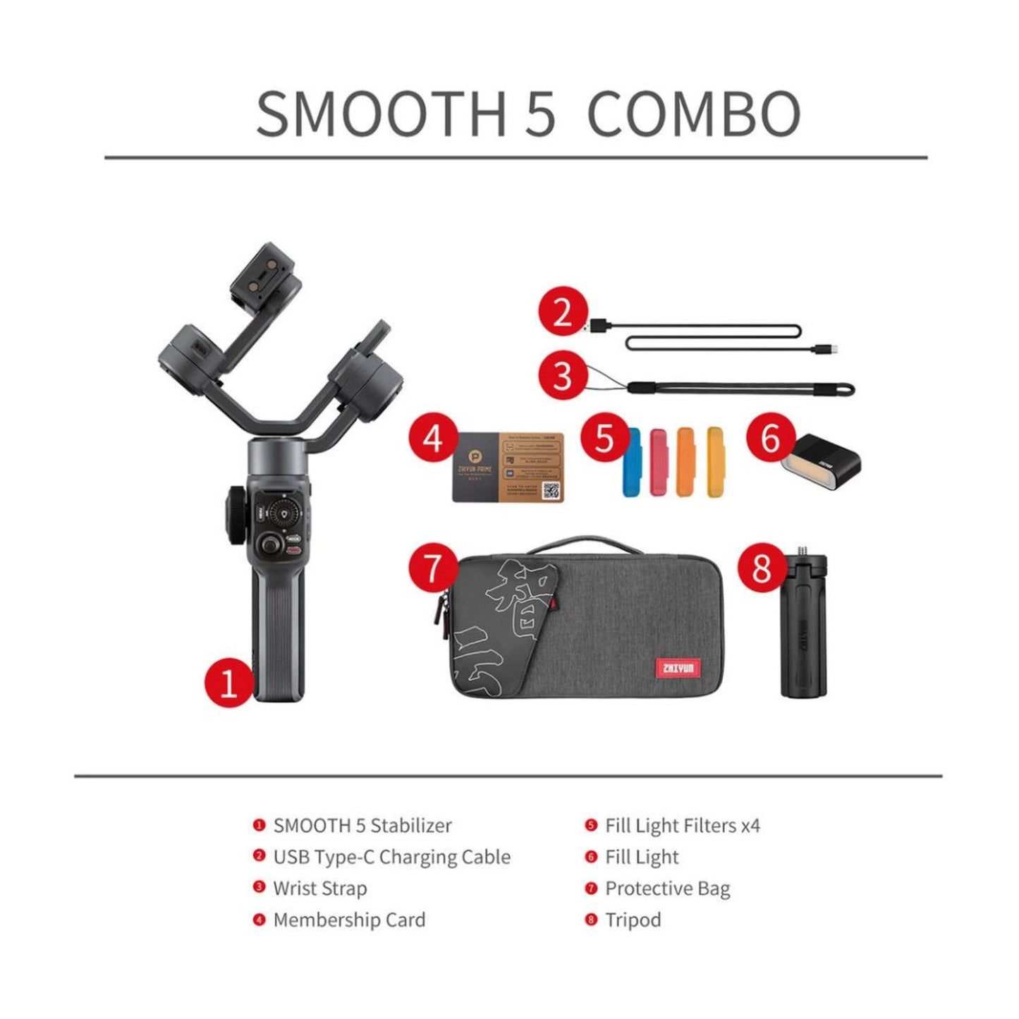 Smooth 5 Combo: Gimbal, Stativ, USB-C-Kabel, Stativtasche und Lichtfilter