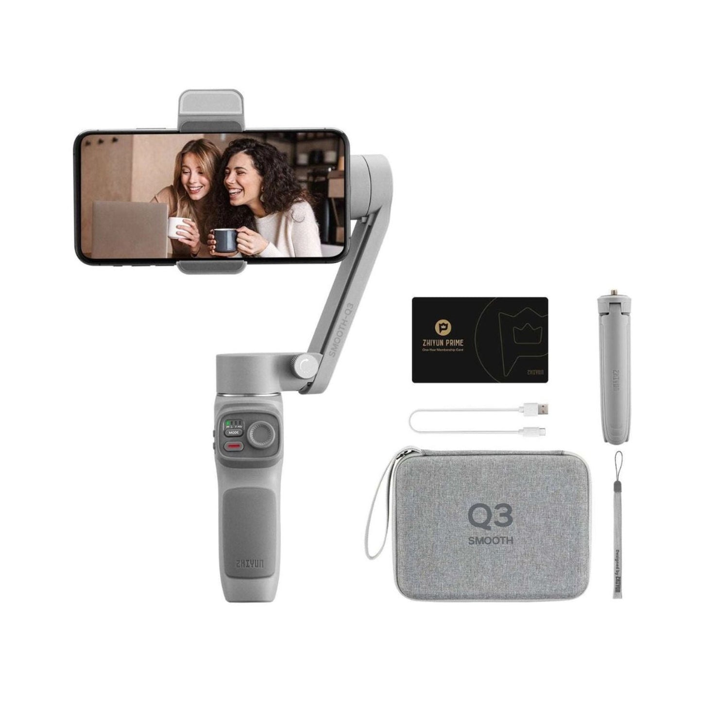 Smooth-Q3 gimbal kit with gimbal, handle, and accessories pouch