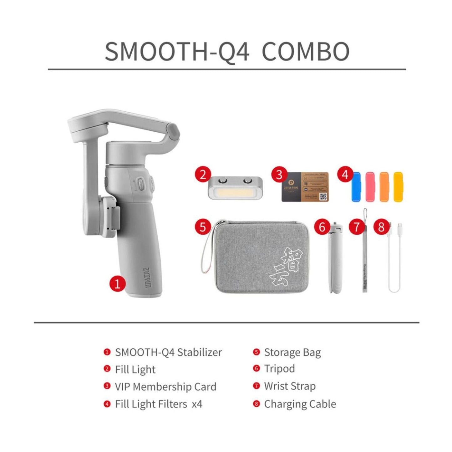 SMOOTH-Q4 Combo kit: gimbal, fill light, storage bag, tripod, wrist strap, cables