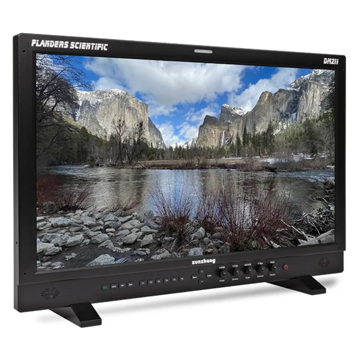 Flanders Scientific DM211 21.5-inch reference monitor with landscape displayed and front controls