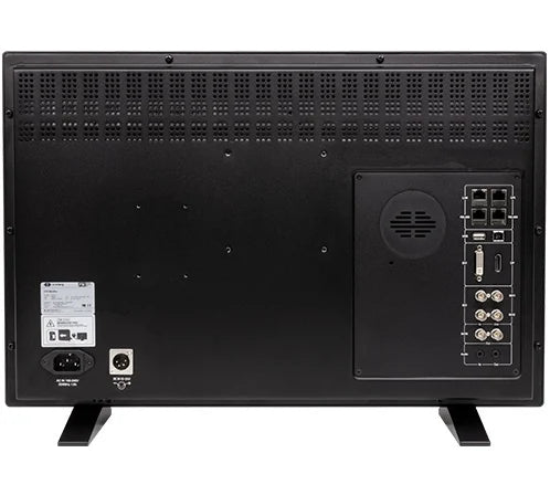 Flanders Scientific DM231 reference monitor showing rear ventilation, ports, power input, and stand feet