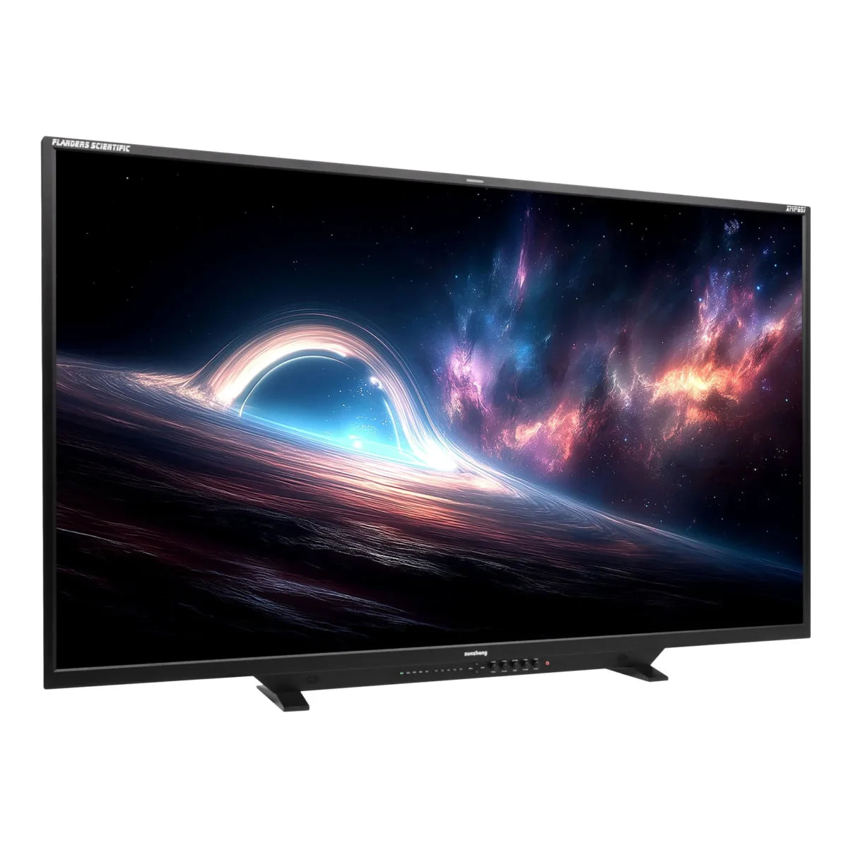 Flanders Scientific XMP651 monitor angled view with colorful space imagery on screen
