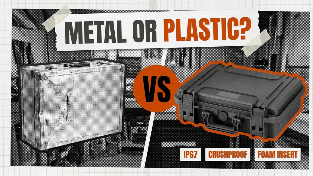Dented silver aluminium case beside a black polypropylene hard case, headline Metal or Plastic