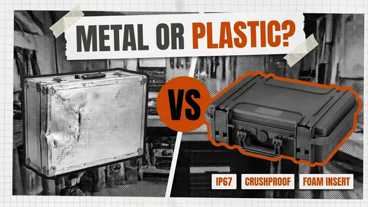 Dented silver aluminium case beside a black polypropylene hard case, headline Metal or Plastic