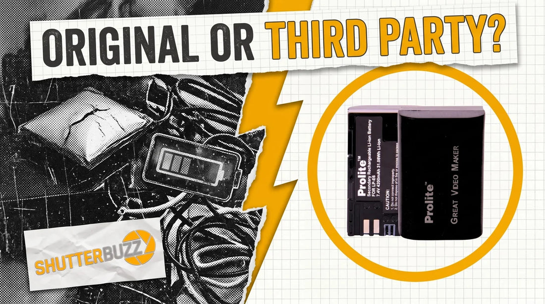 Black and white halftone collage of dead batteries and cables beside a Prolite LP-E6 camera battery in a yellow ring, headline Original or Third Party