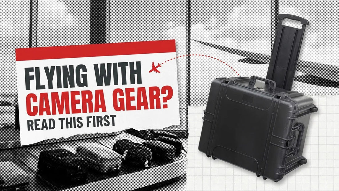 Wheeled black hard case with extended handle beside a boarding pass style label reading Flying With Camera Gear Read This First