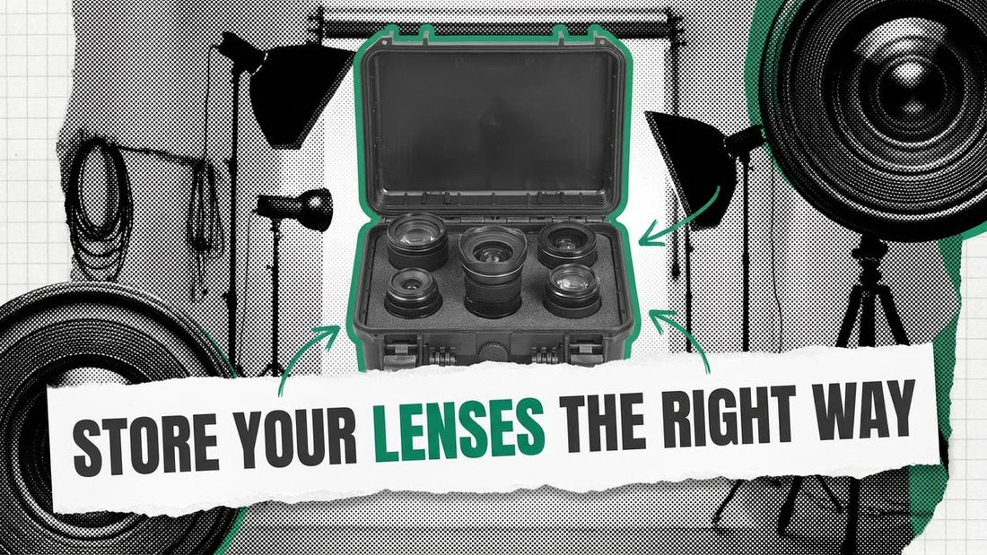 Open hard case with five camera lenses standing in foam, with a banner reading Store Your Lenses the Right Way