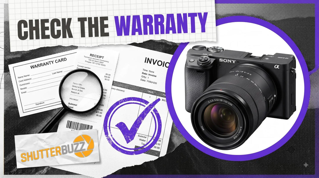 Warranty card, receipt and rubber stamp beside a Sony a6400 camera in a violet ring, headline Check the Warranty