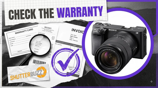 Warranty card, receipt and rubber stamp beside a Sony a6400 camera in a violet ring, headline Check the Warranty