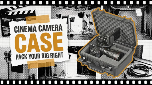 Open hard case holding a cinema camera rig and monitor inside a film strip frame, label reading Cinema Camera Case Pack Your Rig Right