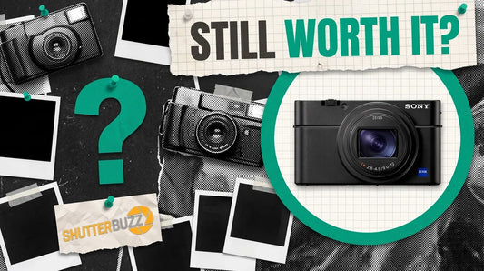 Pinned snapshots and old compact cameras beside a Sony RX100 VII in a teal ring, headline Still Worth It