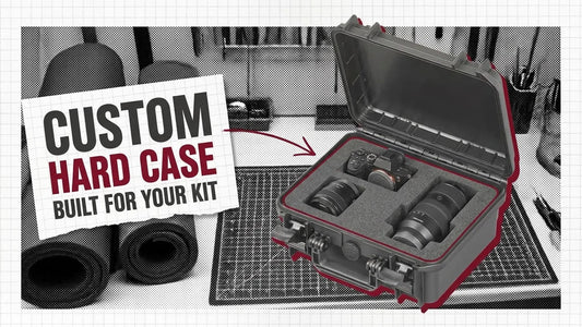 Open black hard case with a mirrorless camera and two lenses in cut foam, beside a label reading Custom Hard Case Built for Your Kit