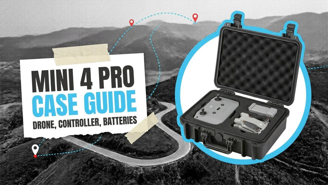 Open black hard case with a folded mini drone, controller and batteries in cut foam, label reading Mini 4 Pro Case Guide