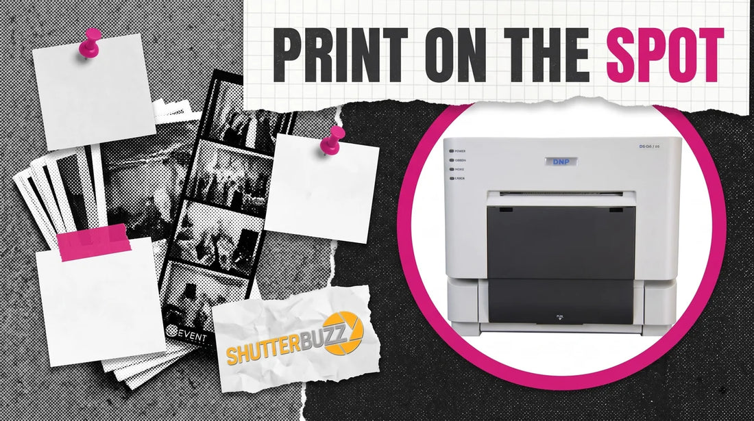 Pinned photo prints and a photo booth strip beside a DNP dye sublimation printer in a magenta ring, headline Print on the Spot