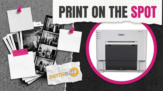 Pinned photo prints and a photo booth strip beside a DNP dye sublimation printer in a magenta ring, headline Print on the Spot