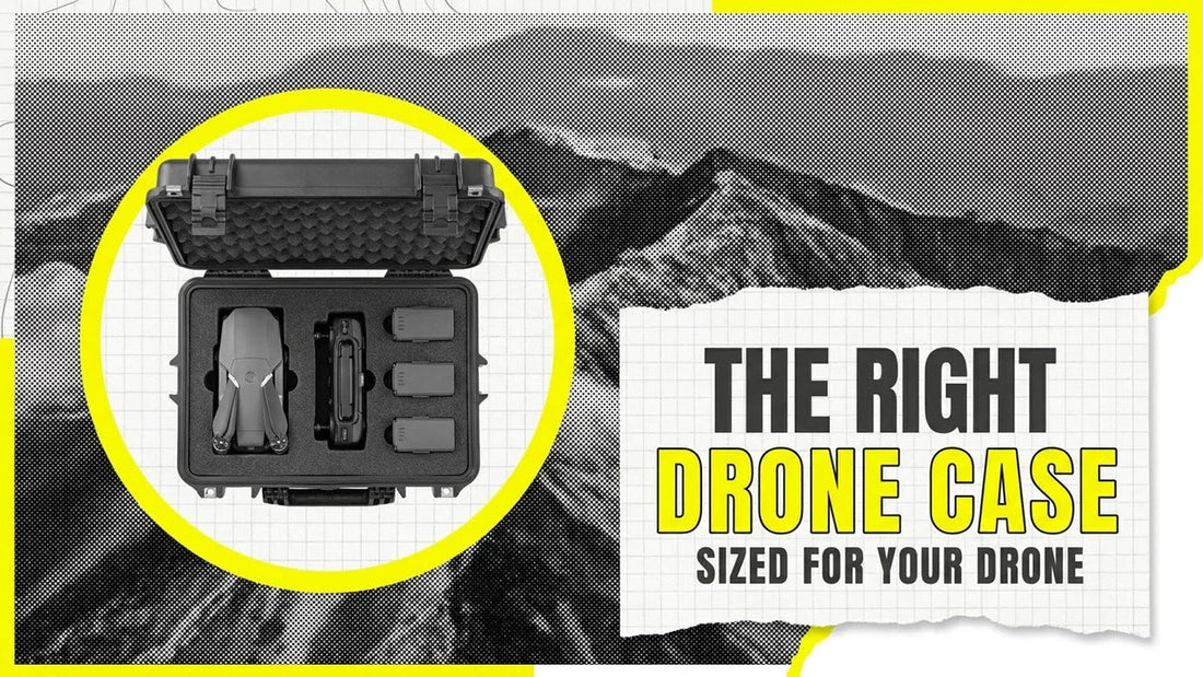 Open hard case with a folded drone, controller and spare batteries in cut foam, label reading The Right Drone Case Sized for Your Drone