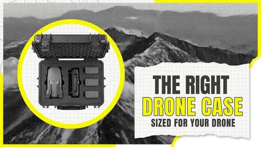 Open hard case with a folded drone, controller and spare batteries in cut foam, label reading The Right Drone Case Sized for Your Drone