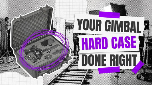 Open hard case holding a folded handheld gimbal in cut foam, with a label reading Your Gimbal Hard Case Done Right