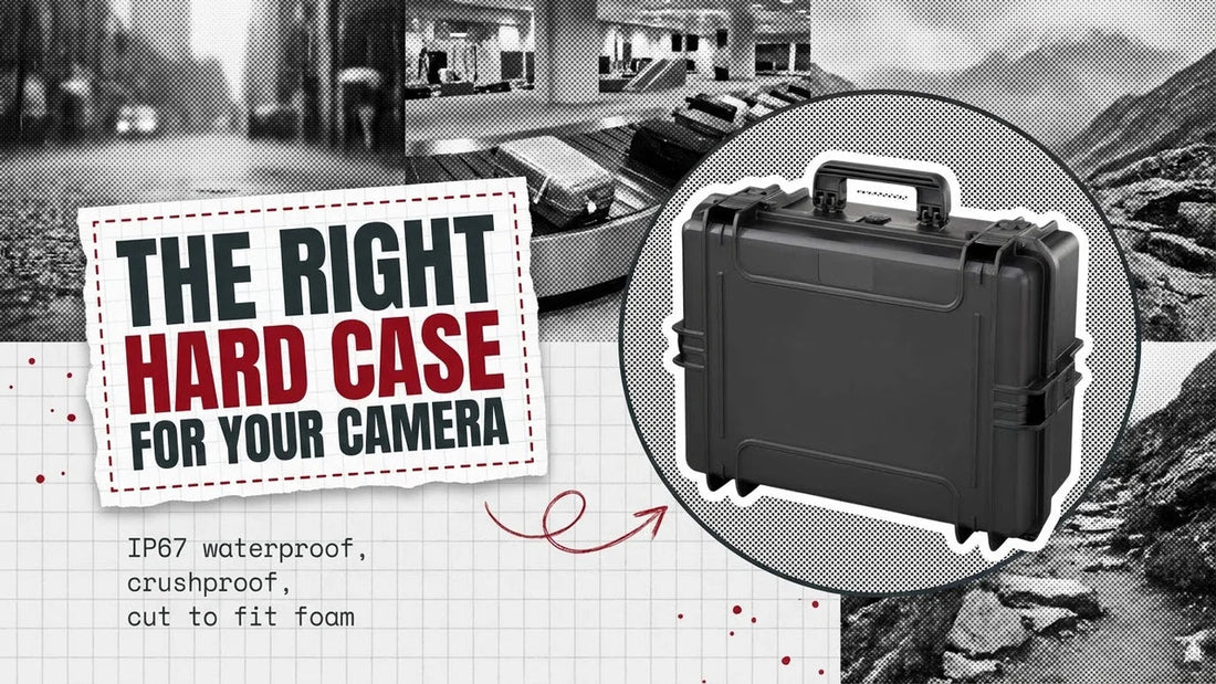 Black waterproof hard case in a halftone circle beside a torn grid paper label reading The Right Hard Case for Your Camera