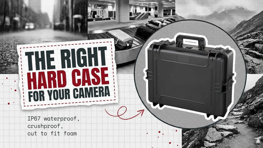 Black waterproof hard case in a halftone circle beside a torn grid paper label reading The Right Hard Case for Your Camera