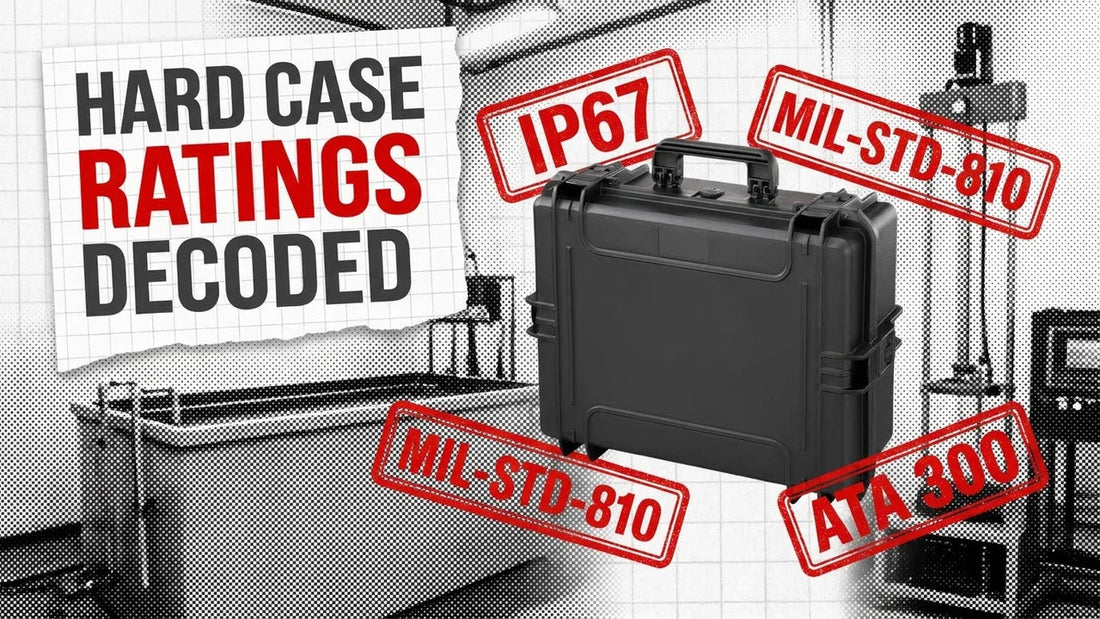 Closed black hard case surrounded by red IP67, MIL-STD-810 and ATA 300 stamps, headline Hard Case Ratings Decoded
