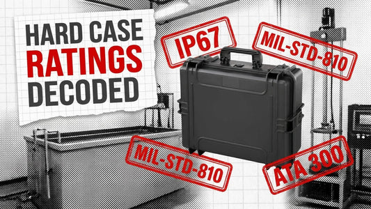 Closed black hard case surrounded by red IP67, MIL-STD-810 and ATA 300 stamps, headline Hard Case Ratings Decoded