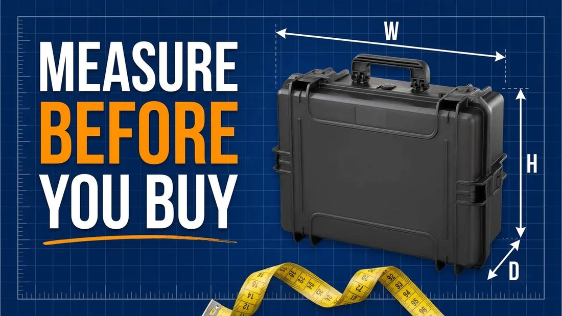 Blueprint style image of a black hard case with width, height and depth arrows and a tape measure, headline Measure Before You Buy