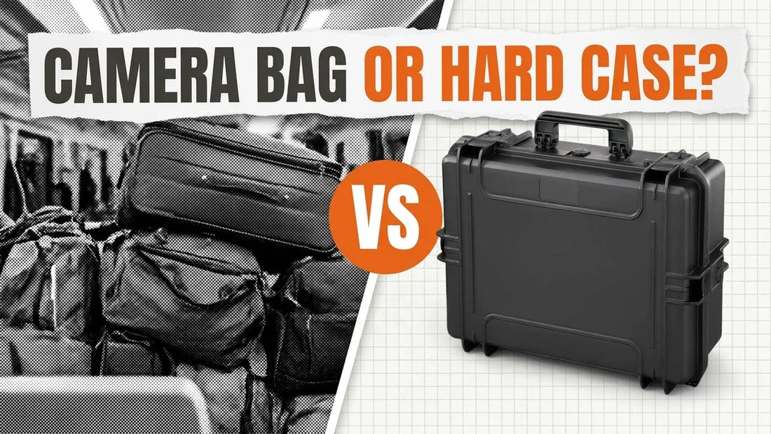 Crushed soft camera bags on a train luggage rack versus an upright black hard case, headline Camera Bag or Hard Case