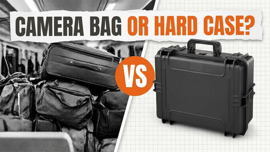 Crushed soft camera bags on a train luggage rack versus an upright black hard case, headline Camera Bag or Hard Case