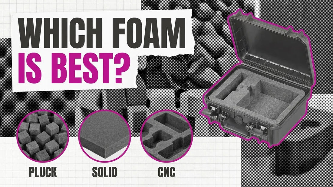 Open hard case with foam swatches for pluck, solid and CNC foam, headline Which Foam Is Best