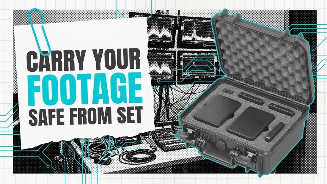 Small open hard case with external hard drives and portable SSDs in foam, note reading Carry Your Footage Safe From Set