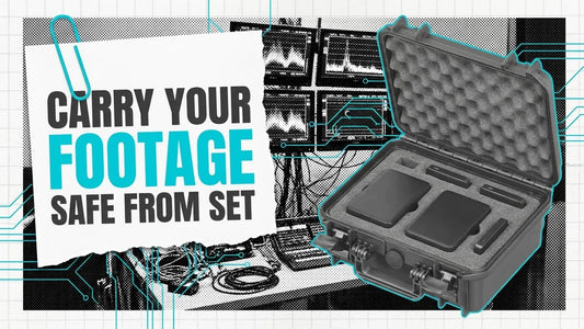 Small open hard case with external hard drives and portable SSDs in foam, note reading Carry Your Footage Safe From Set