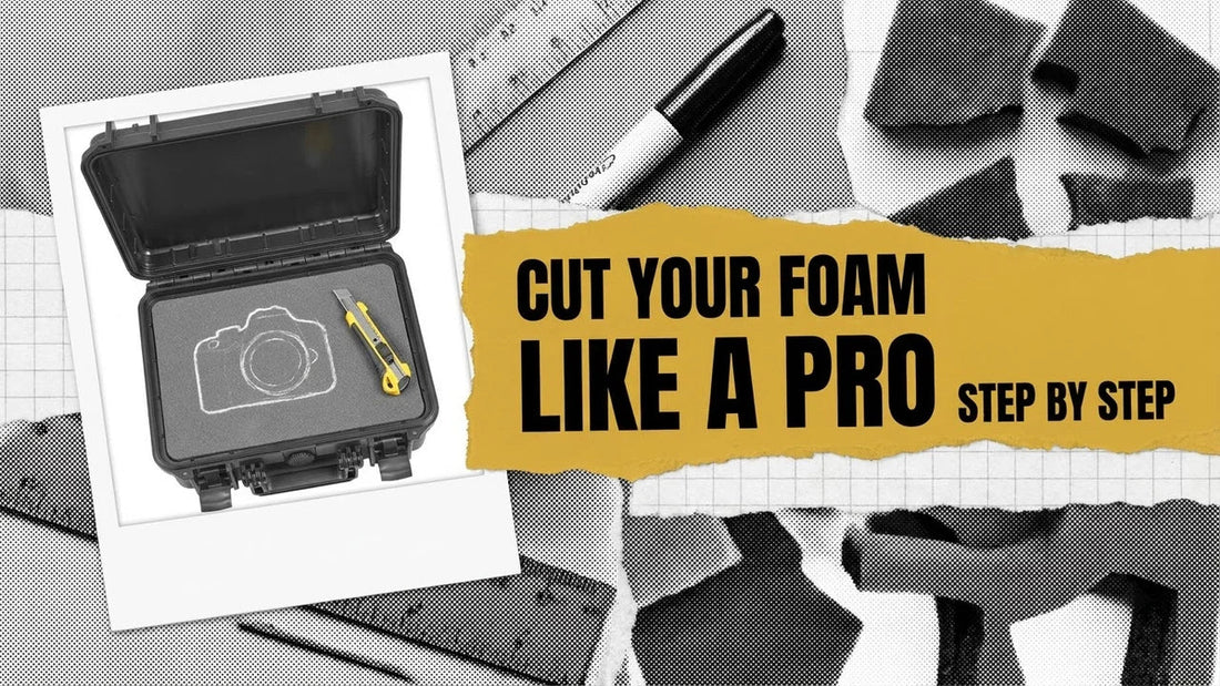 Open hard case with a camera outline traced on solid foam and a snap-off cutter, beside a yellow label reading Cut Your Foam Like a Pro