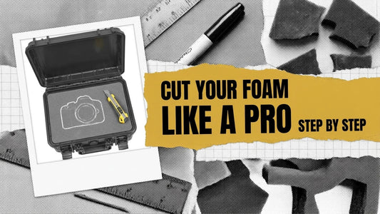 Open hard case with a camera outline traced on solid foam and a snap-off cutter, beside a yellow label reading Cut Your Foam Like a Pro