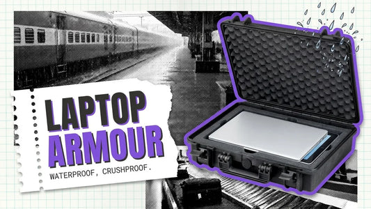 Open black hard case with a laptop and tablet resting in cut foam, headline Laptop Armour