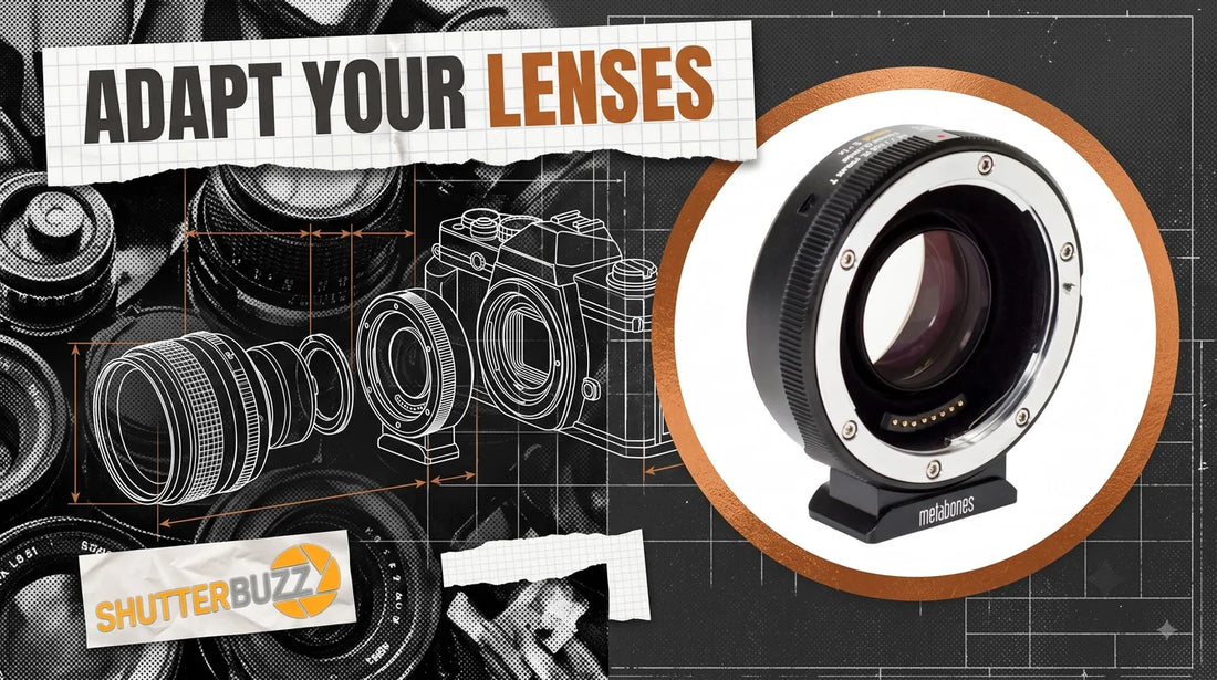 Blueprint diagram of a lens and adapter beside a Metabones speed booster in a copper ring, headline Adapt Your Lenses