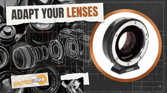 Blueprint diagram of a lens and adapter beside a Metabones speed booster in a copper ring, headline Adapt Your Lenses