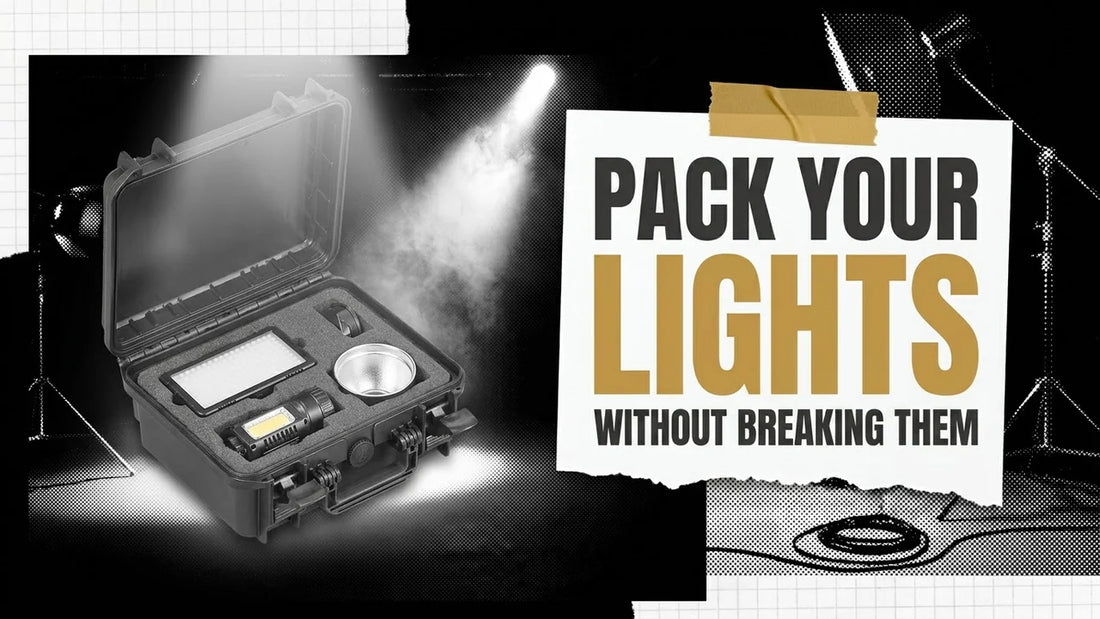 Open hard case with an LED panel and a COB light under a spotlight, label reading Pack Your Lights Without Breaking Them