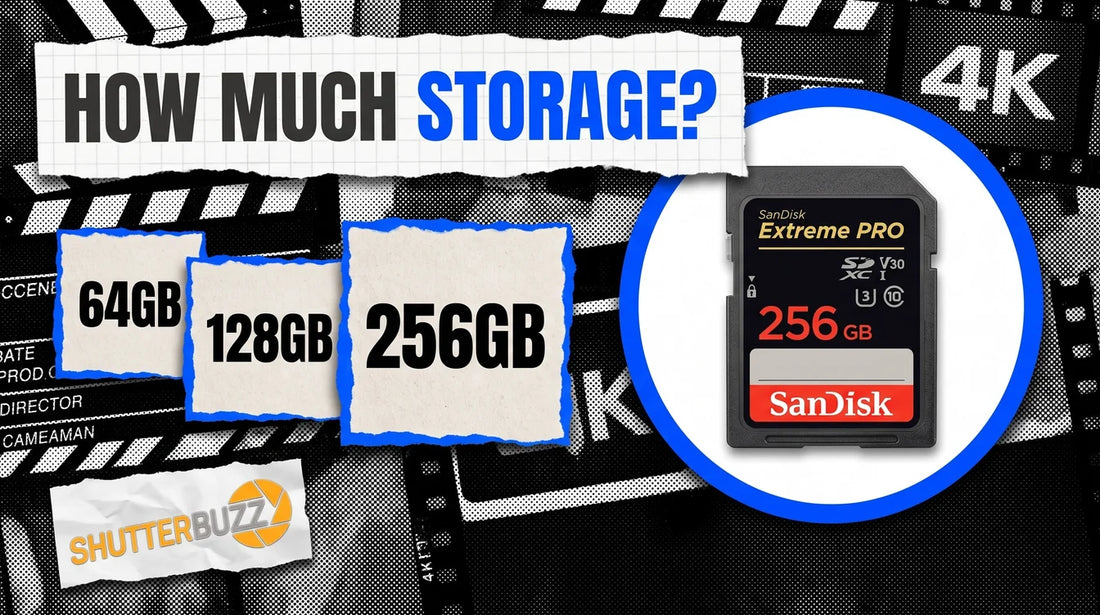 64GB, 128GB and 256GB paper swatches beside a SanDisk Extreme PRO SD card in a blue ring, headline How Much Storage
