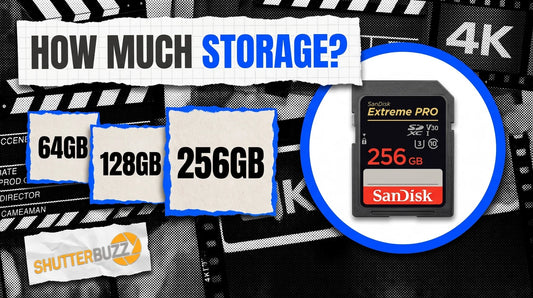 64GB, 128GB and 256GB paper swatches beside a SanDisk Extreme PRO SD card in a blue ring, headline How Much Storage