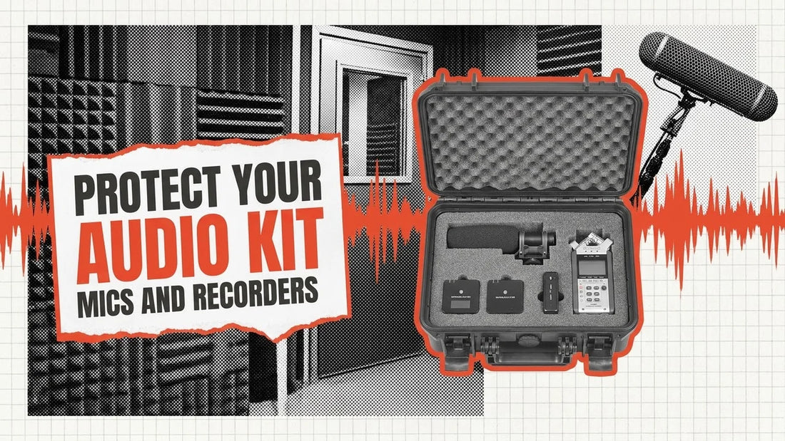 Open hard case with wireless microphones, a shotgun mic and an audio recorder in foam, label reading Protect Your Audio Kit