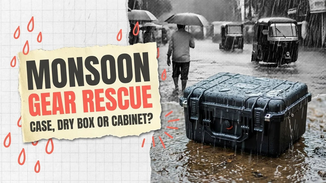 Black hard case standing in monsoon rain on a flooded street, label reading Monsoon Gear Rescue Case, Dry Box or Cabinet