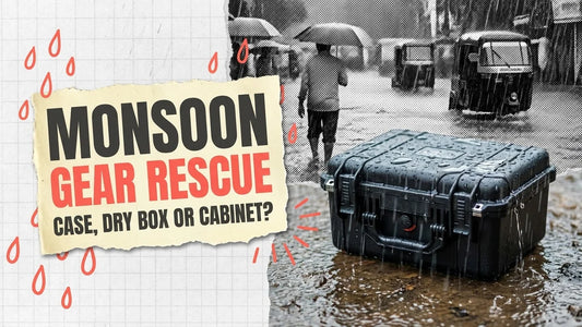 Black hard case standing in monsoon rain on a flooded street, label reading Monsoon Gear Rescue Case, Dry Box or Cabinet