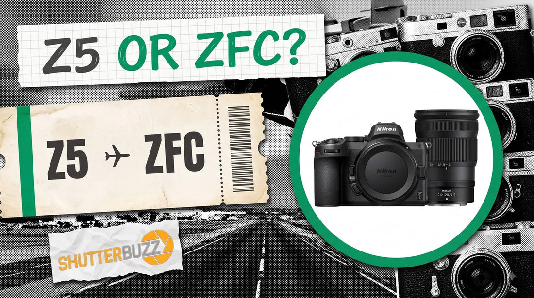 Boarding pass reading Z5 to ZFC beside a Nikon Z5 camera in a green ring, headline Z5 or ZFC