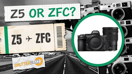 Boarding pass reading Z5 to ZFC beside a Nikon Z5 camera in a green ring, headline Z5 or ZFC