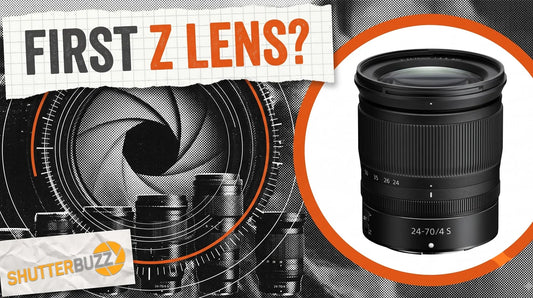 Lens aperture collage beside a Nikon NIKKOR Z 24-70mm f/4 S lens in an orange ring, headline First Z Lens
